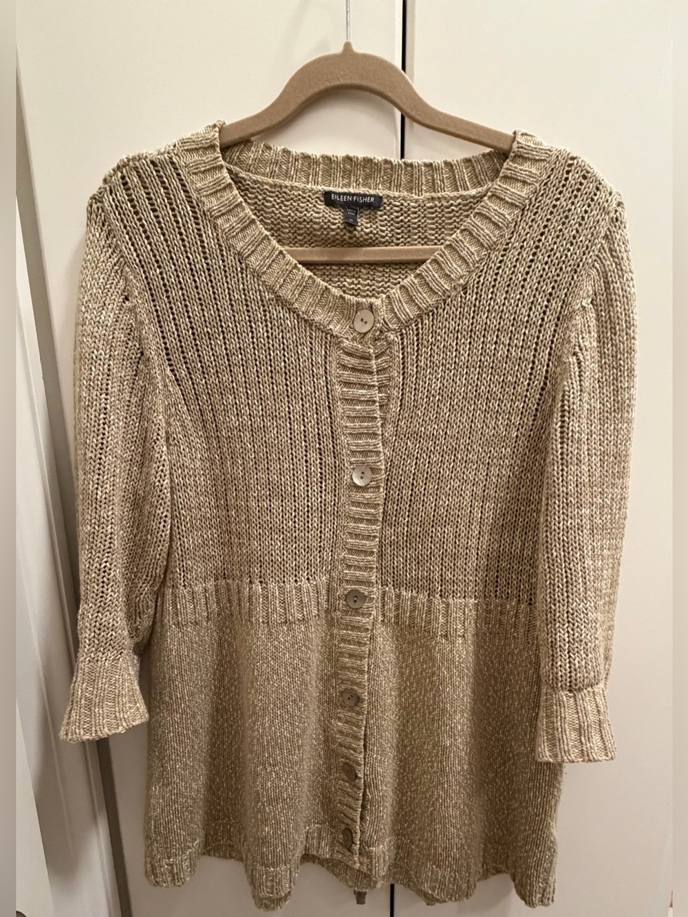 EILEEN FISHER Tan-Cream Mixed Knit Button Cardigan